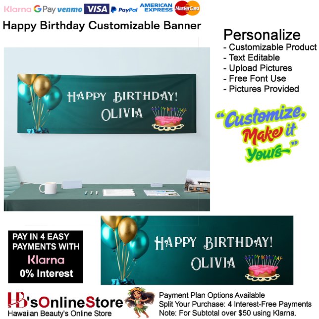 Bannière d'anniversaire 1 personnalisable (Happy Birthday Gold Green Party Supplies Celebrate Decoration Presents 1.
)