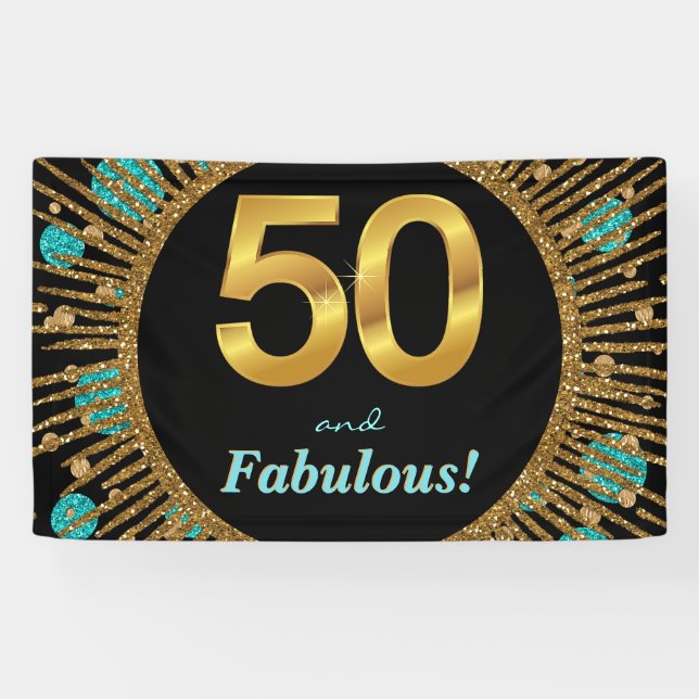 Bannière d'anniversaire 50 ans femme sarcelle or (Horizontal)
