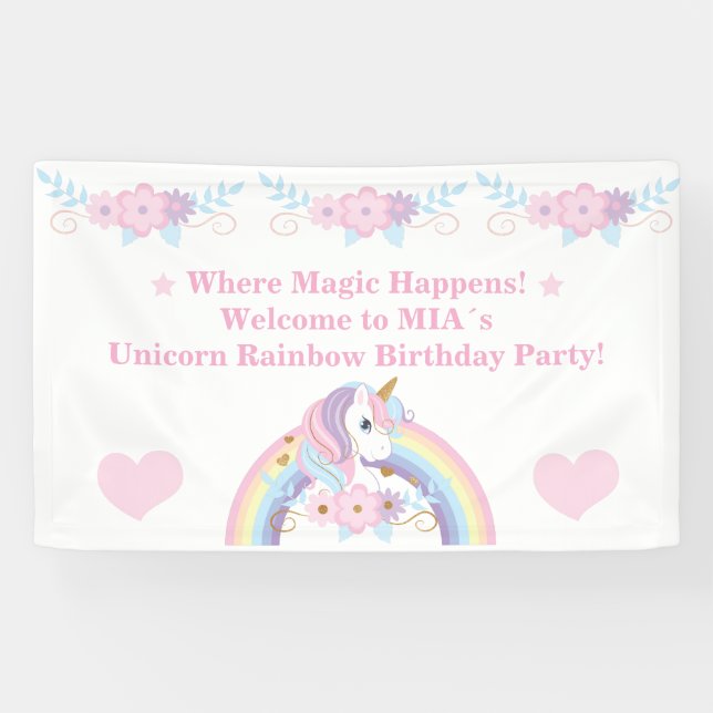 Bannière d'anniversaire Arc-en-ciel Licorne Où la  (Horizontal)