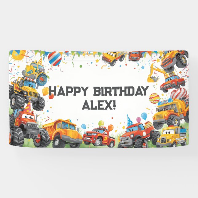 Bannière d'anniversaire Camions à aquarelle Voitur (Horizontal)