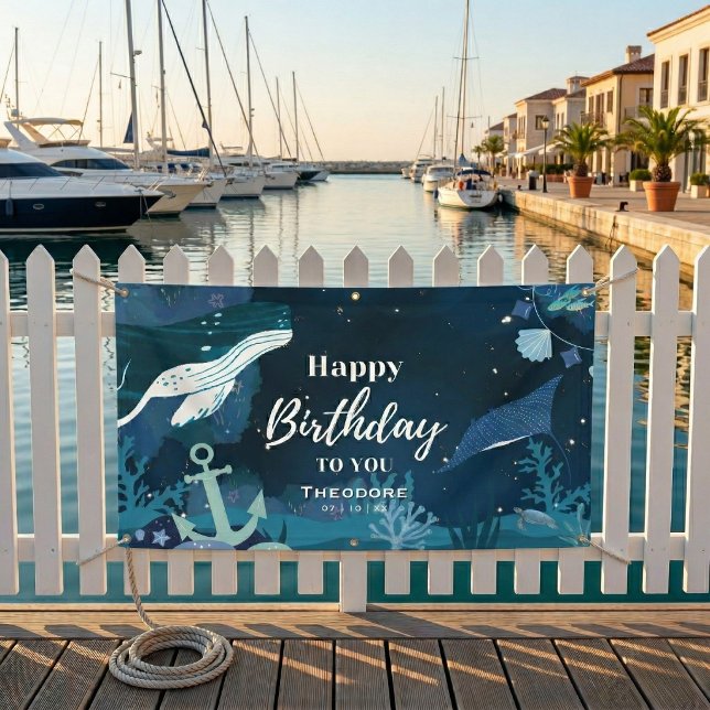 Bannière d'anniversaire d'aventure en mer profonde (Anchors away for big fun.)