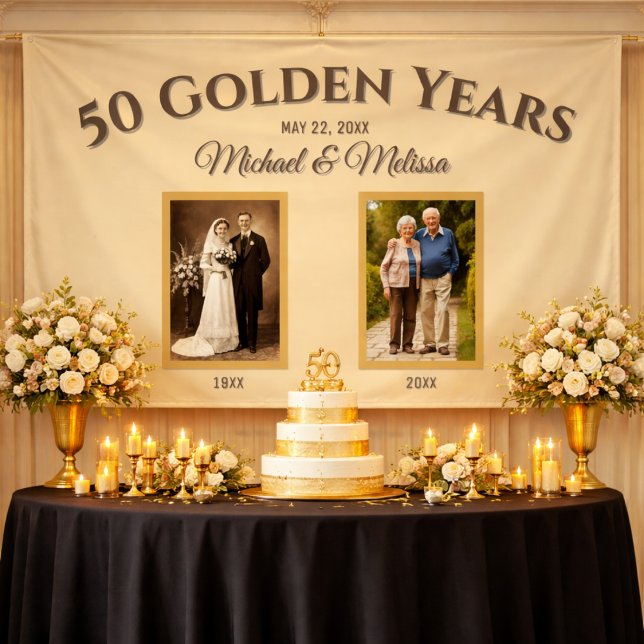 Bannière d'anniversaire de 50 ans en or Champagne  (Champagne Gold 50 Golden Years Photo Anniversary Banner Cake Table Backdrop)