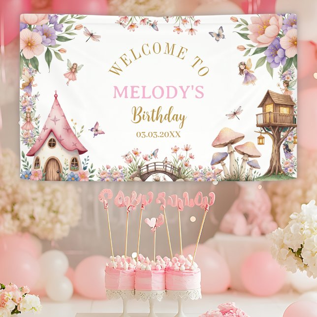 Bannière d'anniversaire de fée de fleurs fantaisis (Créateur téléchargé)
