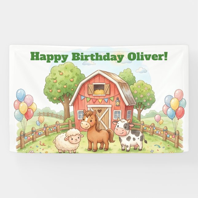 Bannière d'anniversaire de ferme mignonne (Horizontal)