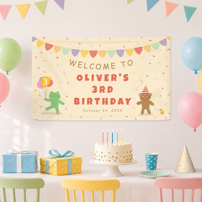 Bannière d'anniversaire de grenouille et d'ours mi (Adorable frog and bear 3rd birthday banner, fully customizable for your party.)