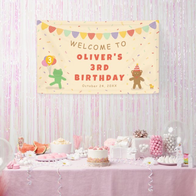 Bannière d'anniversaire de grenouille et d'ours mi (Fête)