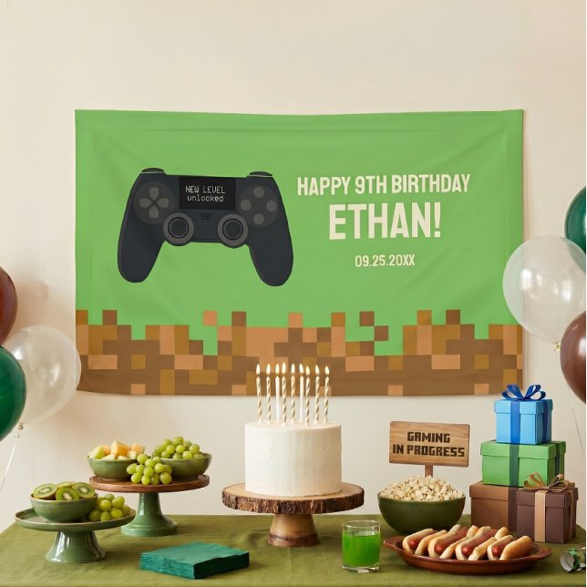 Bannière d'anniversaire de joueur pixelisé marron (Créateur téléchargé)