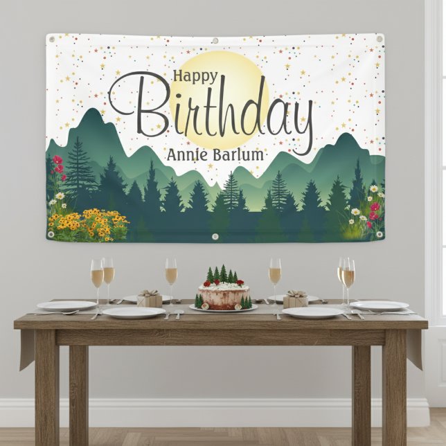 Bannière d'anniversaire de "l'évasion de la montag (The "Mountain Escape" Birthday Banner | Personalized Wilderness Party Décor)