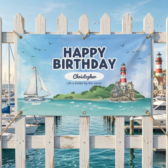 Bannière d'anniversaire de phare nautique (Best birthday on the coast.)