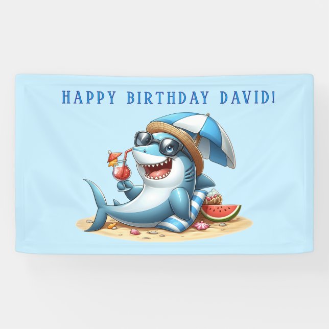 Bannière d'anniversaire de plage Attaque de requin (Horizontal)