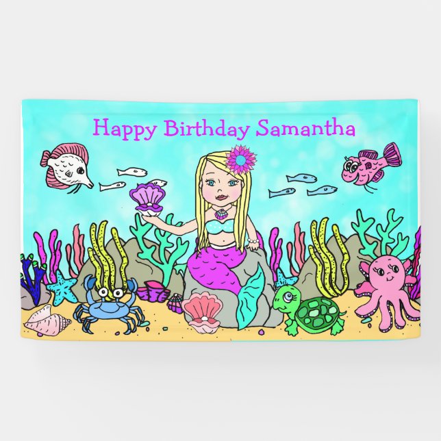 Bannière d'anniversaire de sirène blonde sous la m (Horizontal)