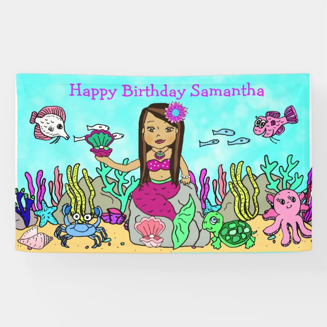 Bannière d'anniversaire de sirène sous la mer (Horizontal)