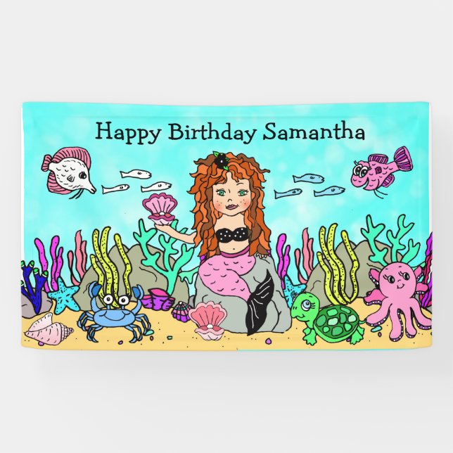 Bannière d'anniversaire de sirène sous la mer (Horizontal)