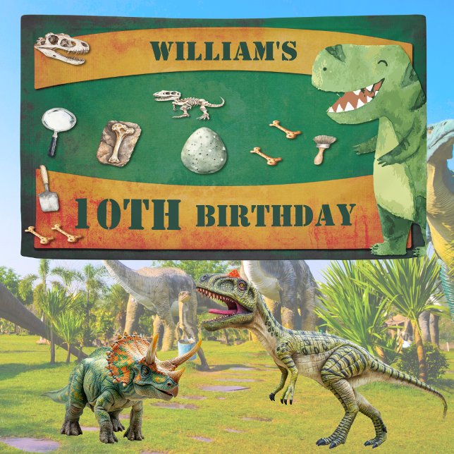 Bannière d'anniversaire Dinosaure (Dinosaur themed birthday party for any age. Personalized with name, age and event. Stomp and roar)