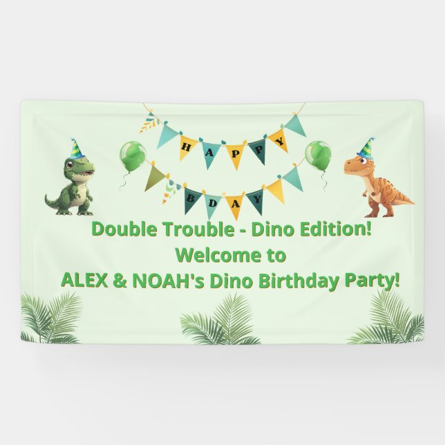 Bannière d'anniversaire Dinosaure pour jumeaux | D (Horizontal)