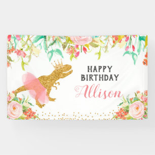 Bannière d'anniversaire Floral Pink Dinosaur