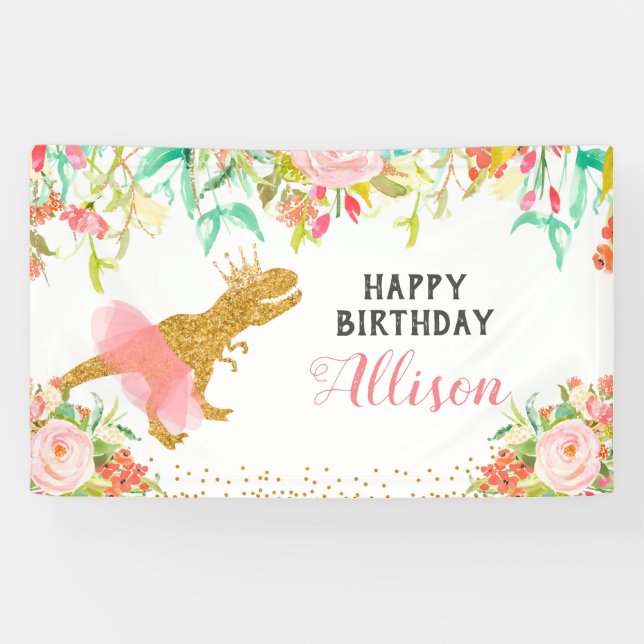 Bannière d'anniversaire Floral Pink Dinosaur (Horizontal)
