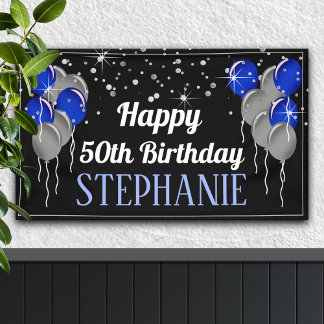 Bannière d'anniversaire Glittery Silver et Blue Ha