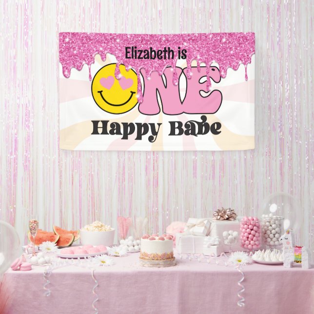 Bannière d'anniversaire Groovy Peach Pink One Happ (Fête)