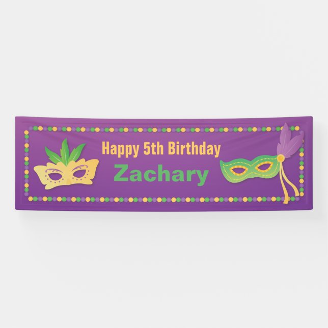 Bannière d'anniversaire Mardi Gras Masques et Perl (Horizontal)