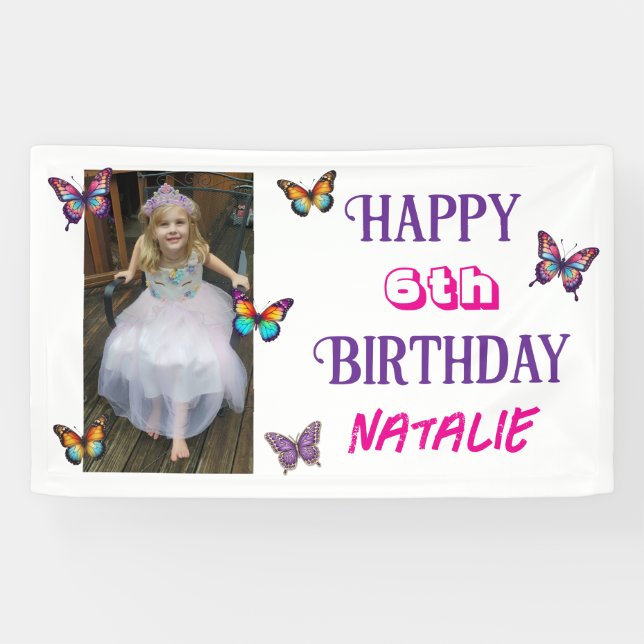 Bannière d'anniversaire papillon personnalisée ave (Horizontal)