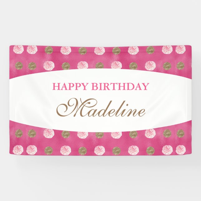 Bannière d'anniversaire Polka-Dot Or Personnalisée (Horizontal)