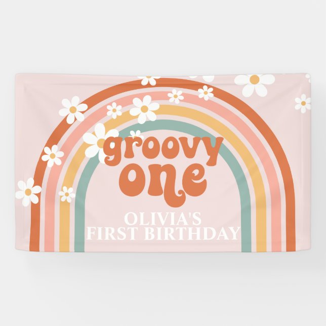 Bannière d'anniversaire Rétro Arc-en-ciel Groovy O (Horizontal)