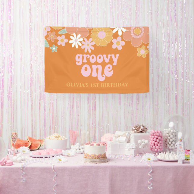 Bannière d'anniversaire rétro florale Groovy One (Fête)