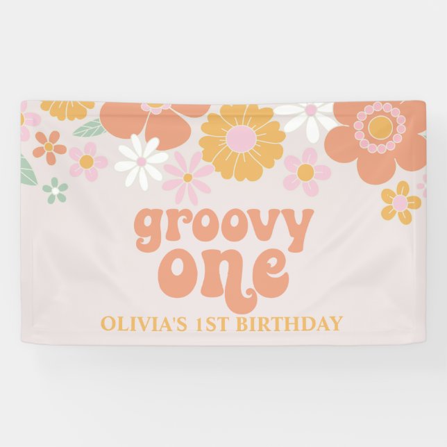 Bannière d'anniversaire rétro florale Groovy One (Horizontal)