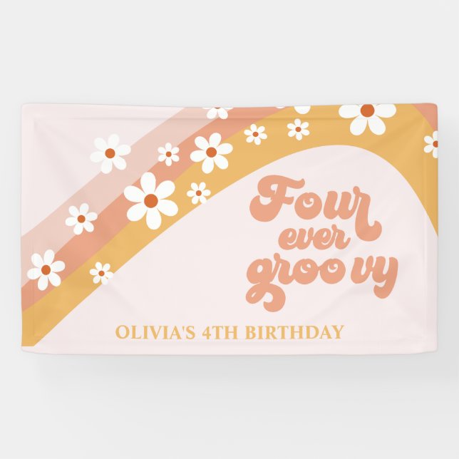 Bannière d'anniversaire rétro Four Ever Groovy Ret (Horizontal)