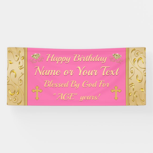 Bannière d'anniversaire rose et or joyeux, Christi (Horizontal)