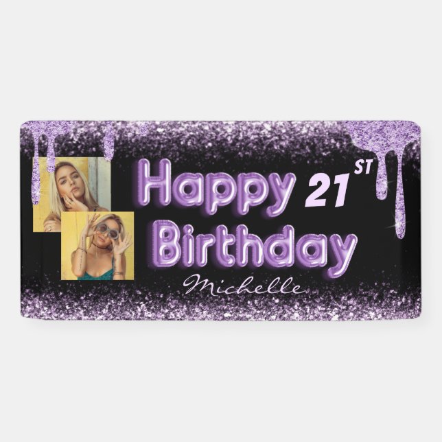 Bannière d'anniversaire scintillante noire et viol (Horizontal)