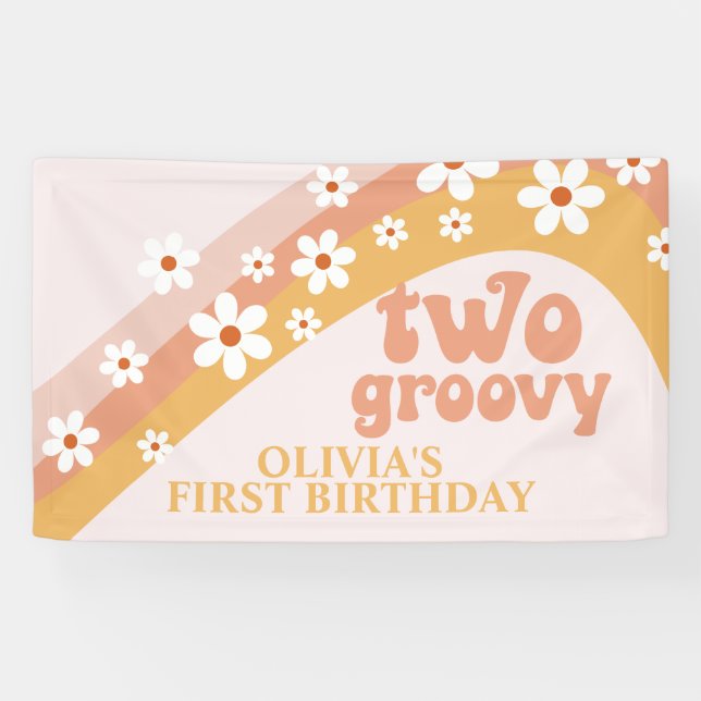 Bannière d'anniversaire Two Groovy Retro Daisy (Horizontal)