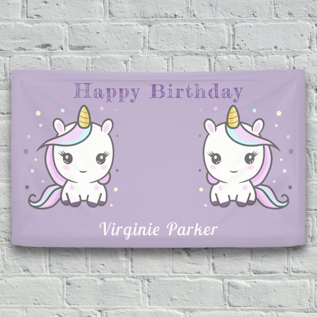 Bannière d'anniversaire violet avec de mignons lic (Cute Unicorn Birthday Banner)