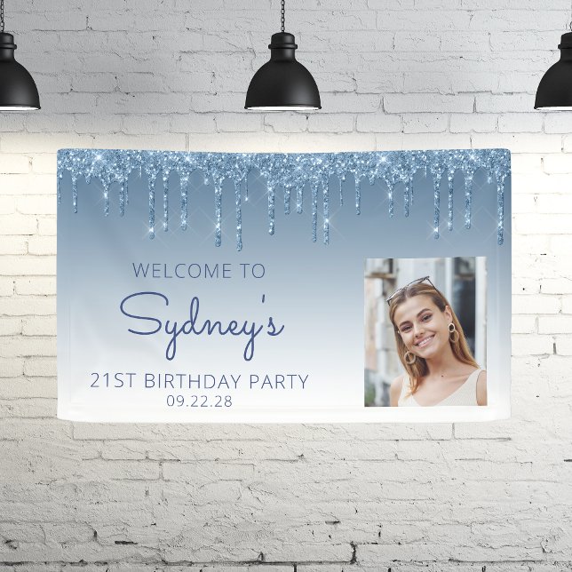 Bannière de 21e anniversaire Photo Blue Glitter Dr (Créateur téléchargé)