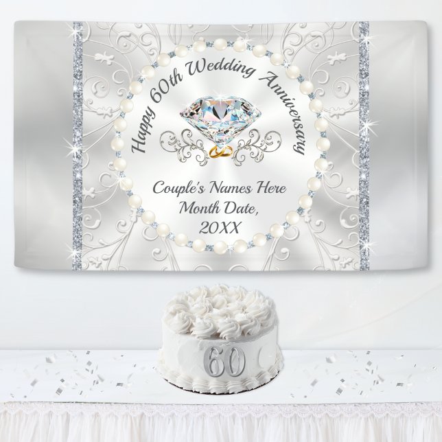 Bannière de 60e anniversaire de mariage Heureux Ma (60th wedding anniversary banner. 60th anniversary party decorations and diamond party supplies.)