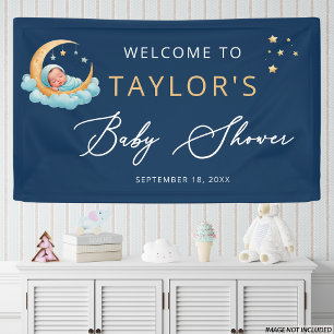 Bannière de Baby Shower Céleste Lune Étoiles Navy