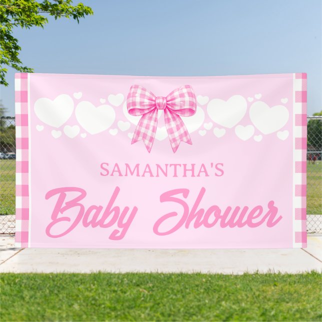 Bannière de Baby Shower Fille avec Ruban Gingham R (Dehors)