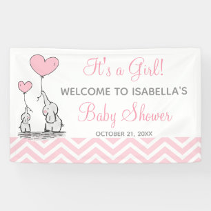 Bannière de Baby Shower Fille Chevron Eléphant Ros