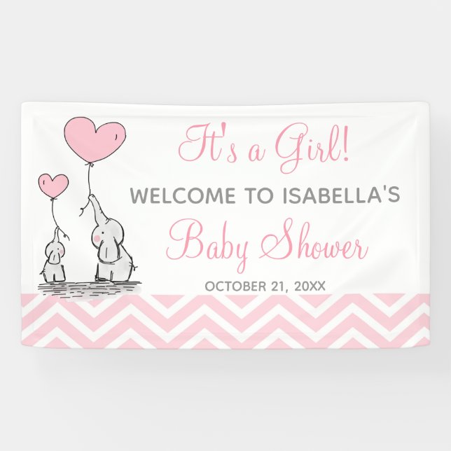 Bannière de Baby Shower Fille Chevron Eléphant Ros (Horizontal)
