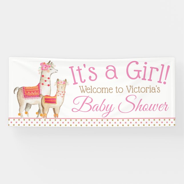 Bannière de Baby Shower Fille Llama Maman Bébé (Horizontal)