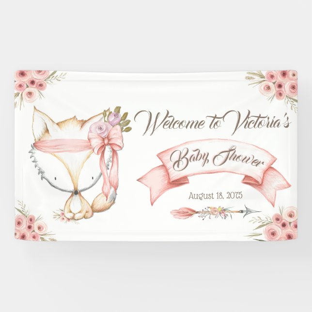 Bannière de Baby Shower Fille Renard Bohème (Horizontal)