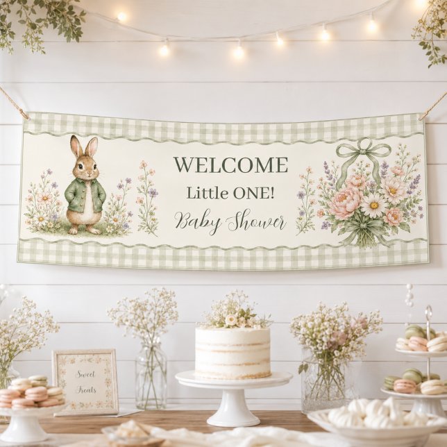 Bannière de Baby Shower Lapin Gingham Sauge (Créateur téléchargé)