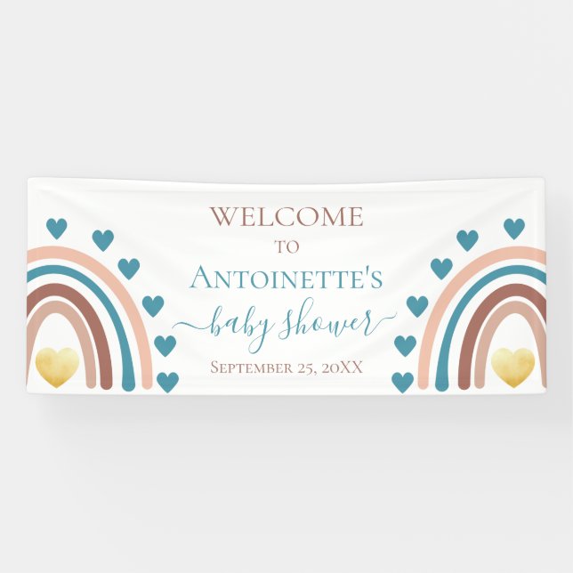 Bannière de Baby shower personnalisé Blue Boho Rai (Horizontal)