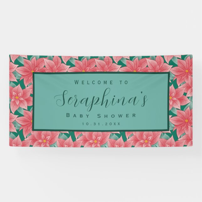 Bannière de Baby shower rouge et vert hiver Poinse (Horizontal)