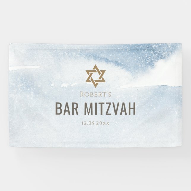 Bannière de Bar Mitzvah à l'aquarelle bleu poussié (Horizontal)