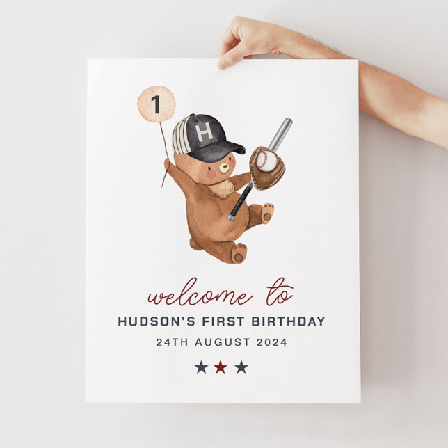 Bannière de baseball 1er anniversaire - Affiche de (1st Birthday Baseball Bear Banner - Welcome Sign)