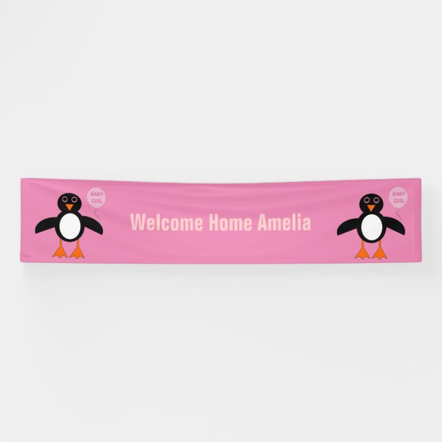 Bannière de bébé rose mignonne Pingouin Bannière p (Horizontal)