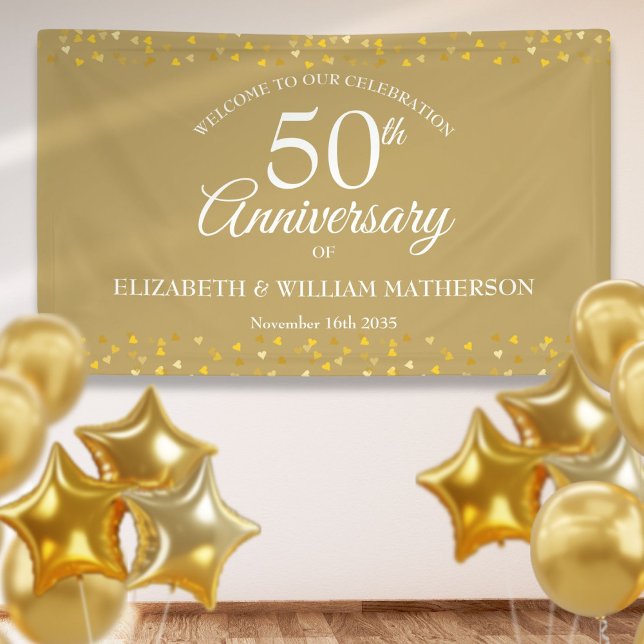 Bannière de bienvenue Cœurs d'amour dorés 50e anni (50th Anniversary Golden Love Hearts Welcome Banner)