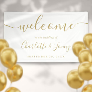 Bannière de bienvenue de mariage à signature dorée